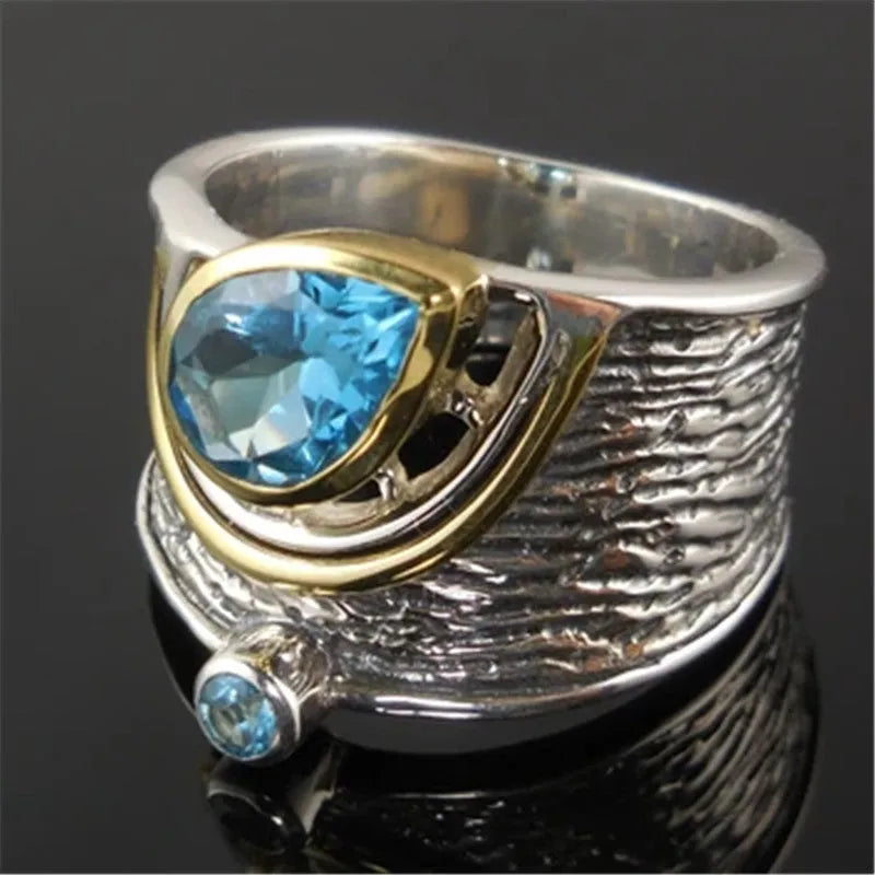 Chinese style blue zircon drop shape ring in alloy metal with inlaid stone