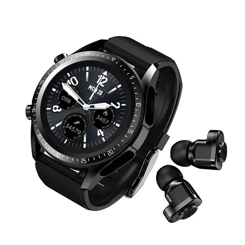Black smart watch with blood pressure monitoring on a silicone strap, showing a 1.28-inch screen.