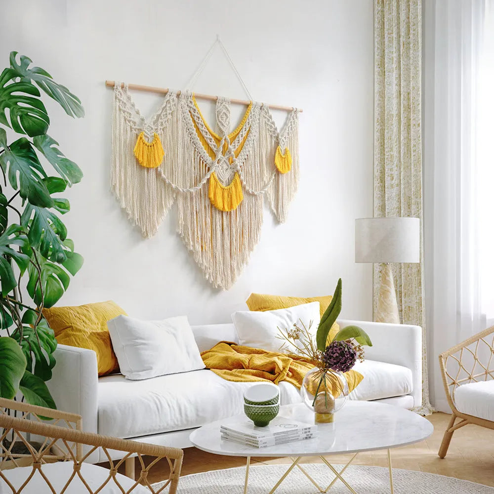 Nordic style hand-woven cotton tapestry rectangular wall hanging creamy white with yellow accents 120x95cm
