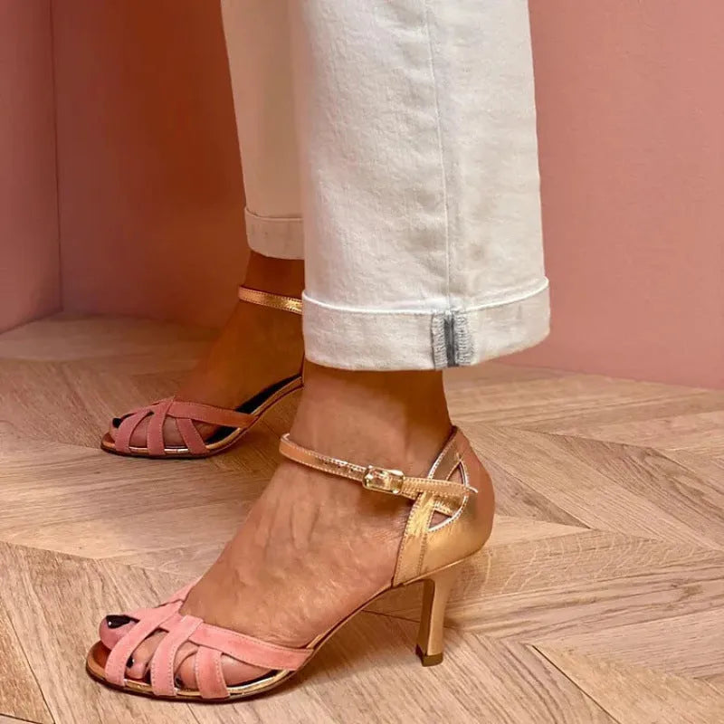 Plus size peep toe sandals with ankle buckle and herringbone toe design in summer colours