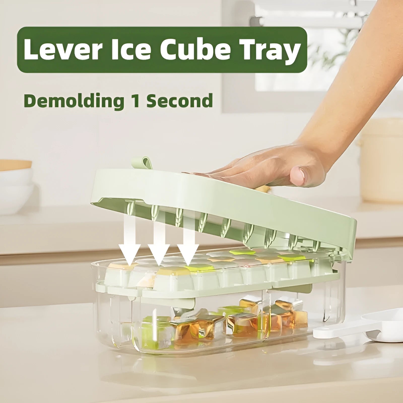 Food-grade high-capacity ice cube tray in blue with integrated storage for an ice shovel.