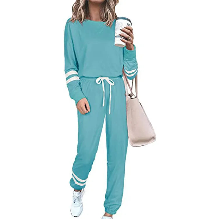 Women's casual suit set in cotton blend fabric with top and trousers in solid colour