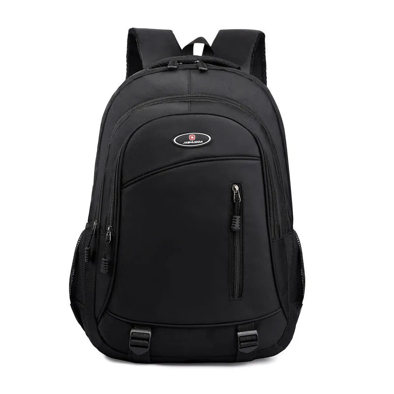 Black waterproof nylon high school backpack with airpillow straps, shown alongside red, blue, and gray colour options.