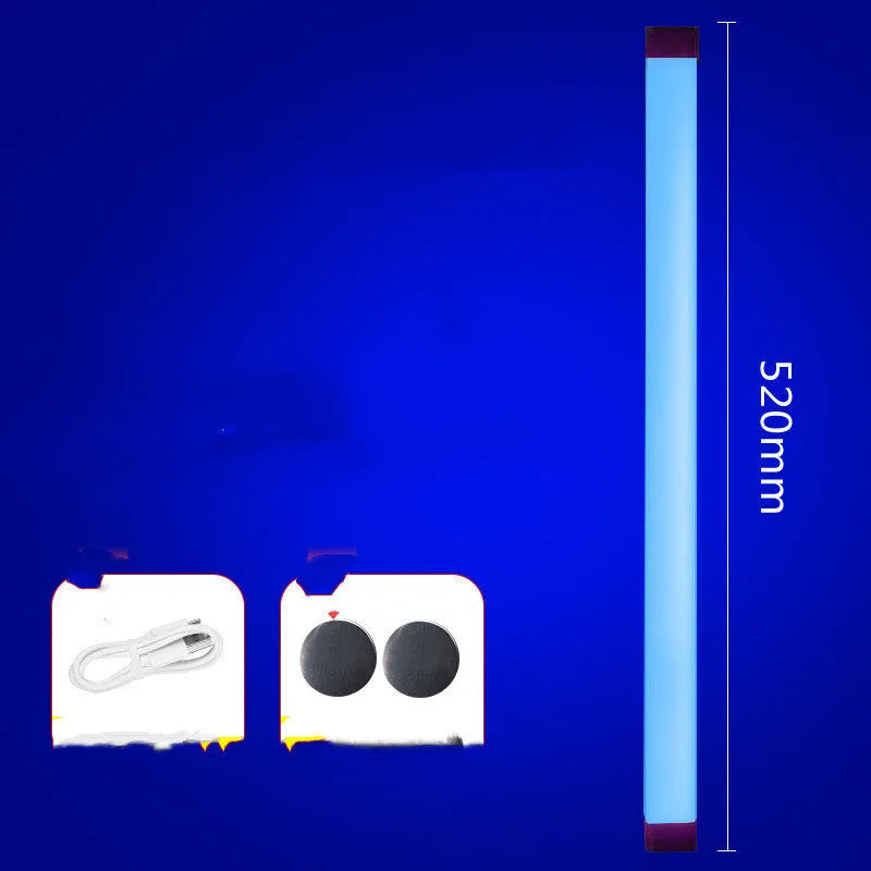 Blue and purple rechargeable LED tube stick light with dimmable settings.