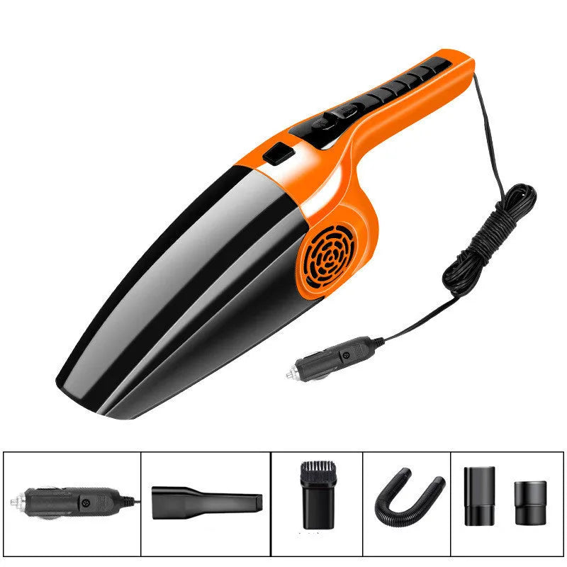 Black and orange 12V car vacuum cleaner with power cable, showing compact size.