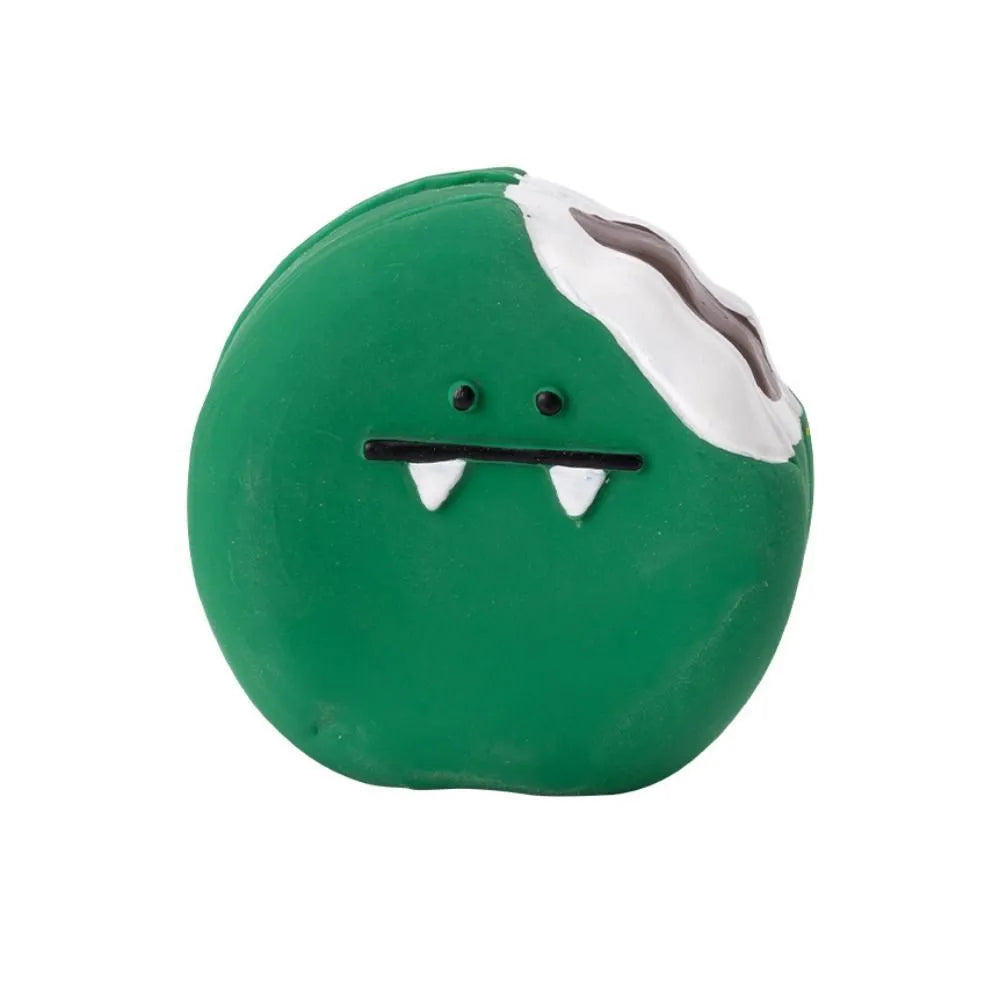 Yellow and green cartoon egg bread shaped latex dog squeaky chew toy.