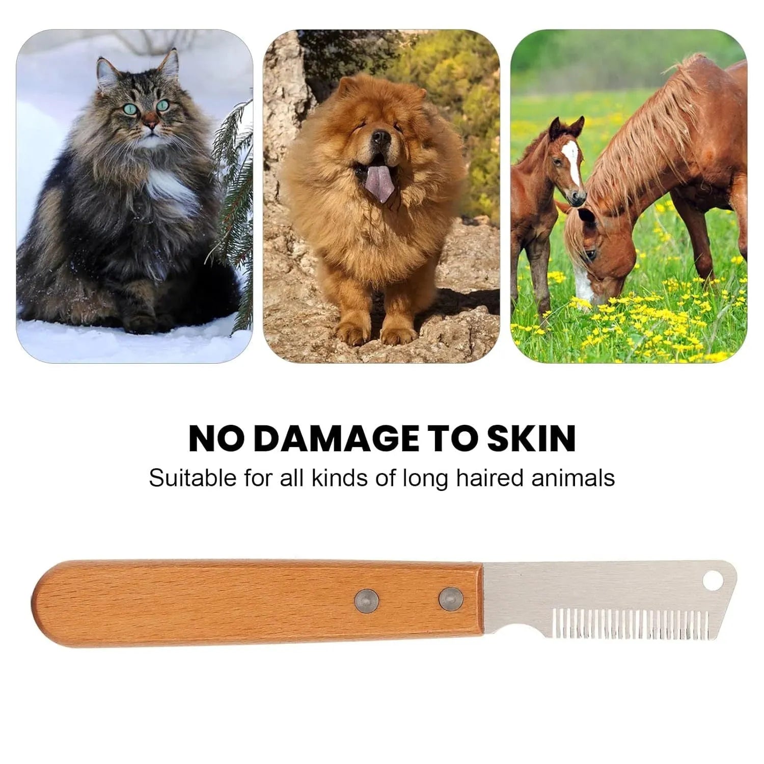 Wooden handle pet stripping comb with metal fittings for grooming cats and dogs