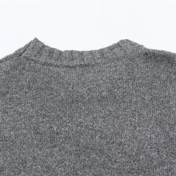 Women's grey ribbed knit cardigan sweater with stripe pattern, contrast colour and long sleeves, 50cm length