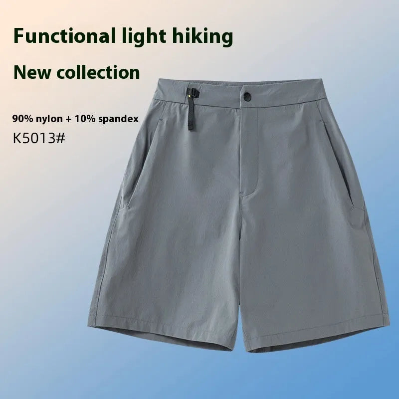 Men's khaki quick-dry sports shorts with 3D cut and four-way stretch fabric for athletic movement.