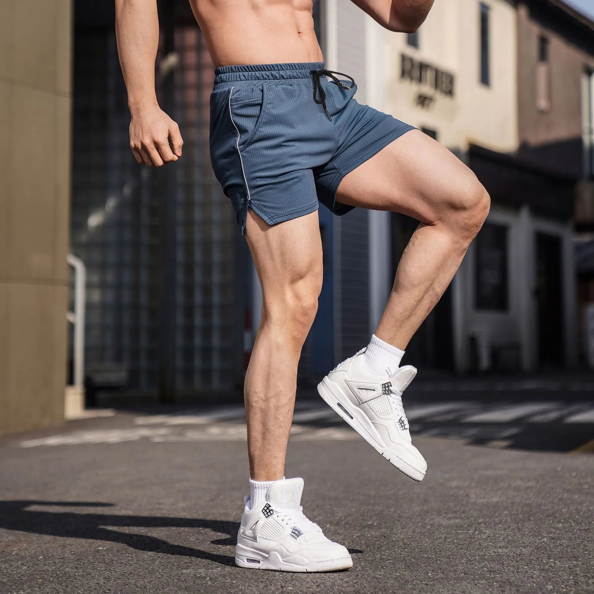 Men's polyester sports casual shorts in black, grey, navy blue, or red colours