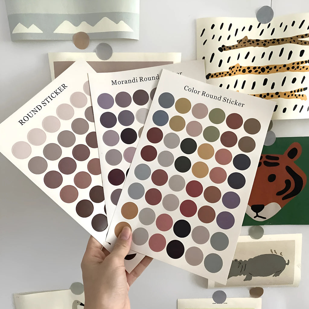 Morandi earth colour polka dot hand account seal sticker sheet with 48 individual 2cm circles.
