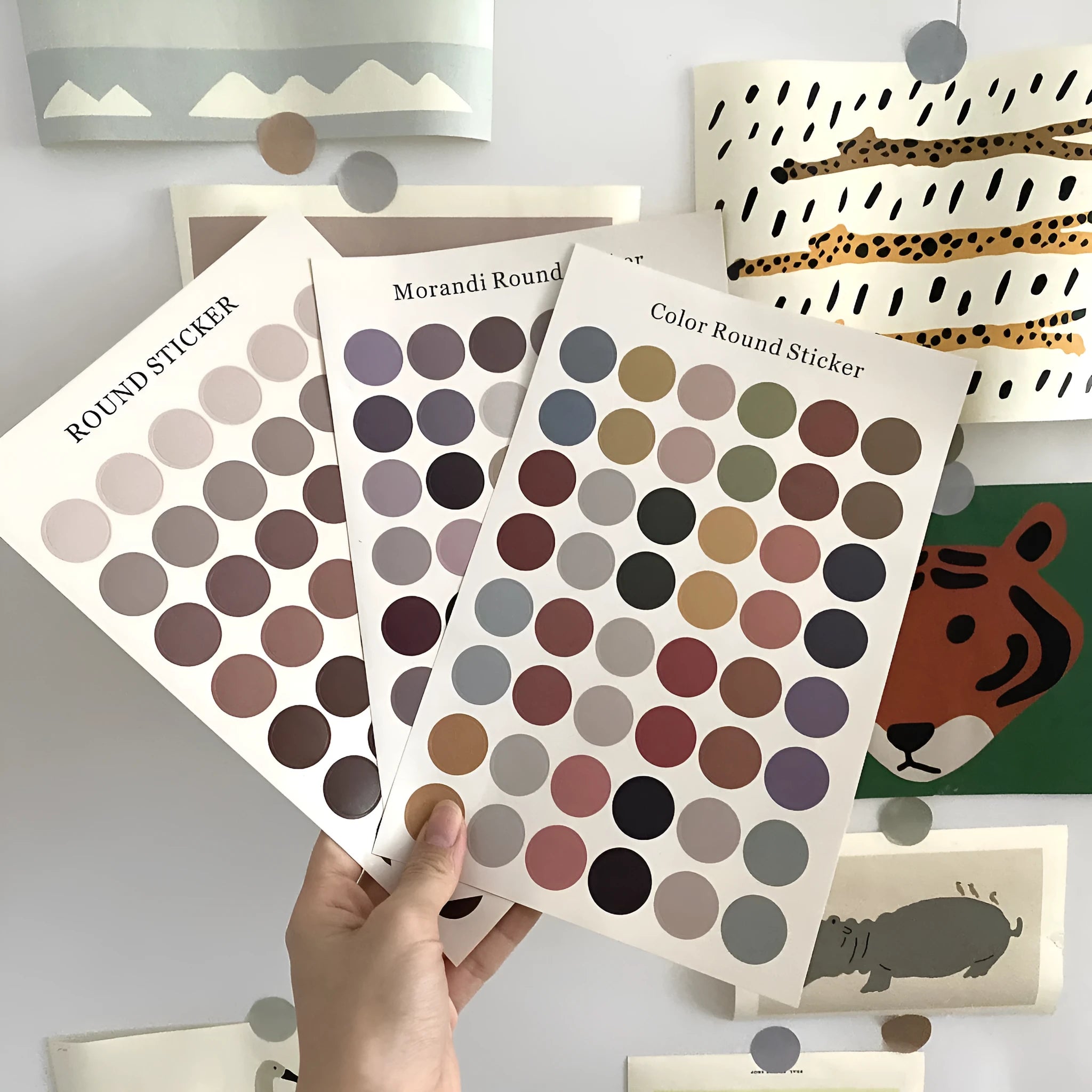 Morandi earth colour polka dot hand account seal sticker sheet with 48 individual 2cm circles.