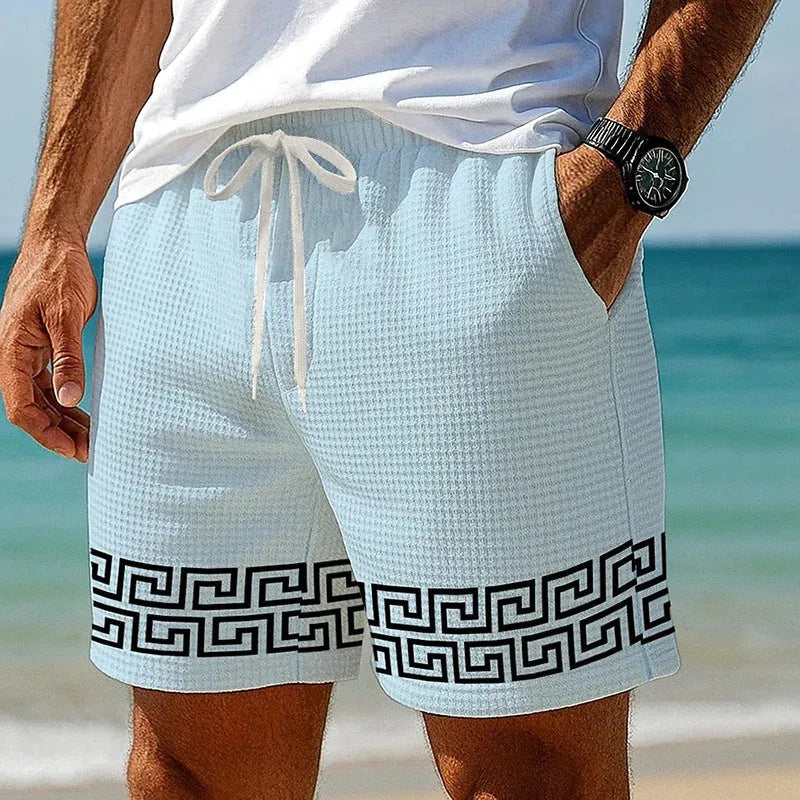 Summer men's American waffle loose shorts in white, polyester, sports style, sizes S-6XL