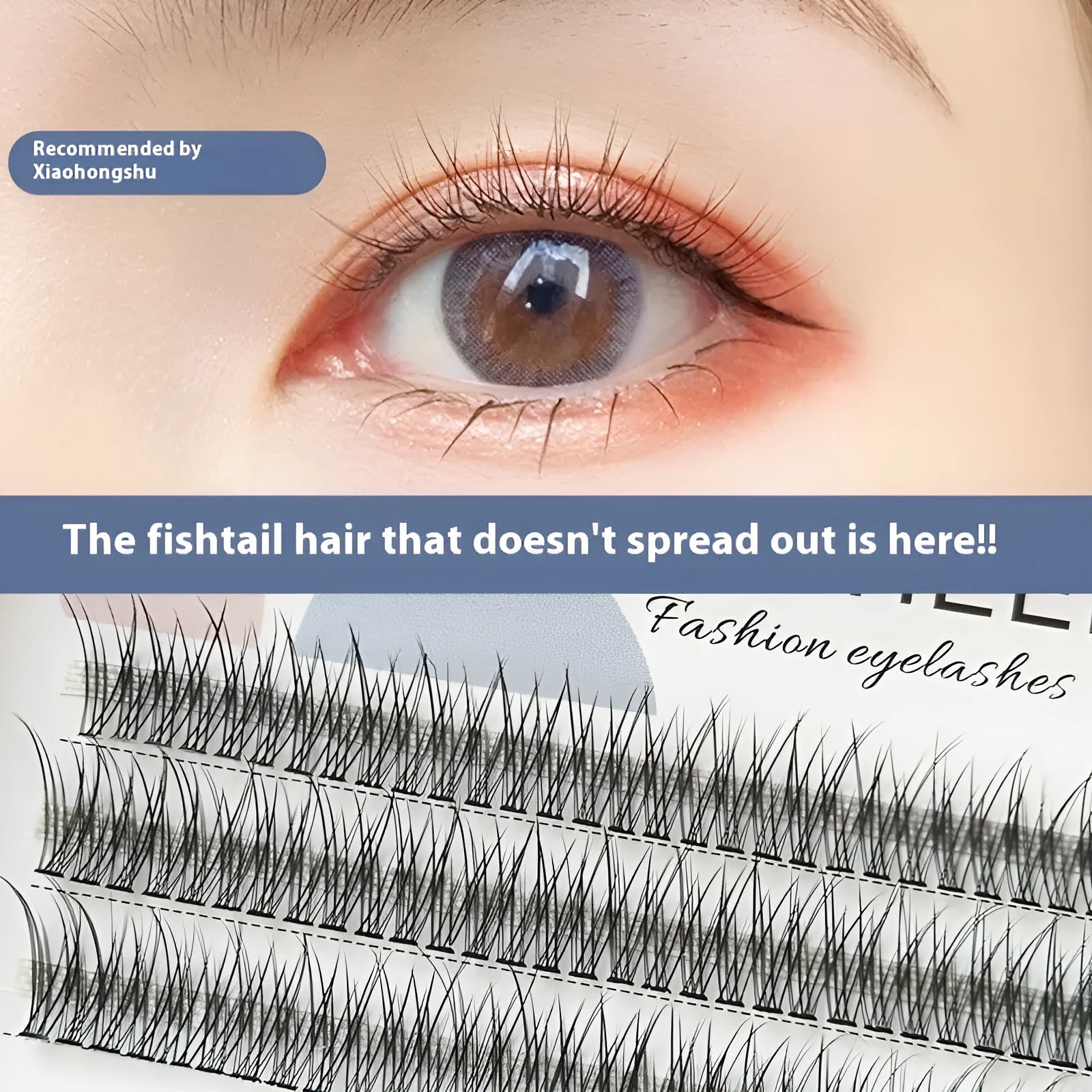 Black V-shaped fairy fishtail false eyelashes with thick segments in natural long style