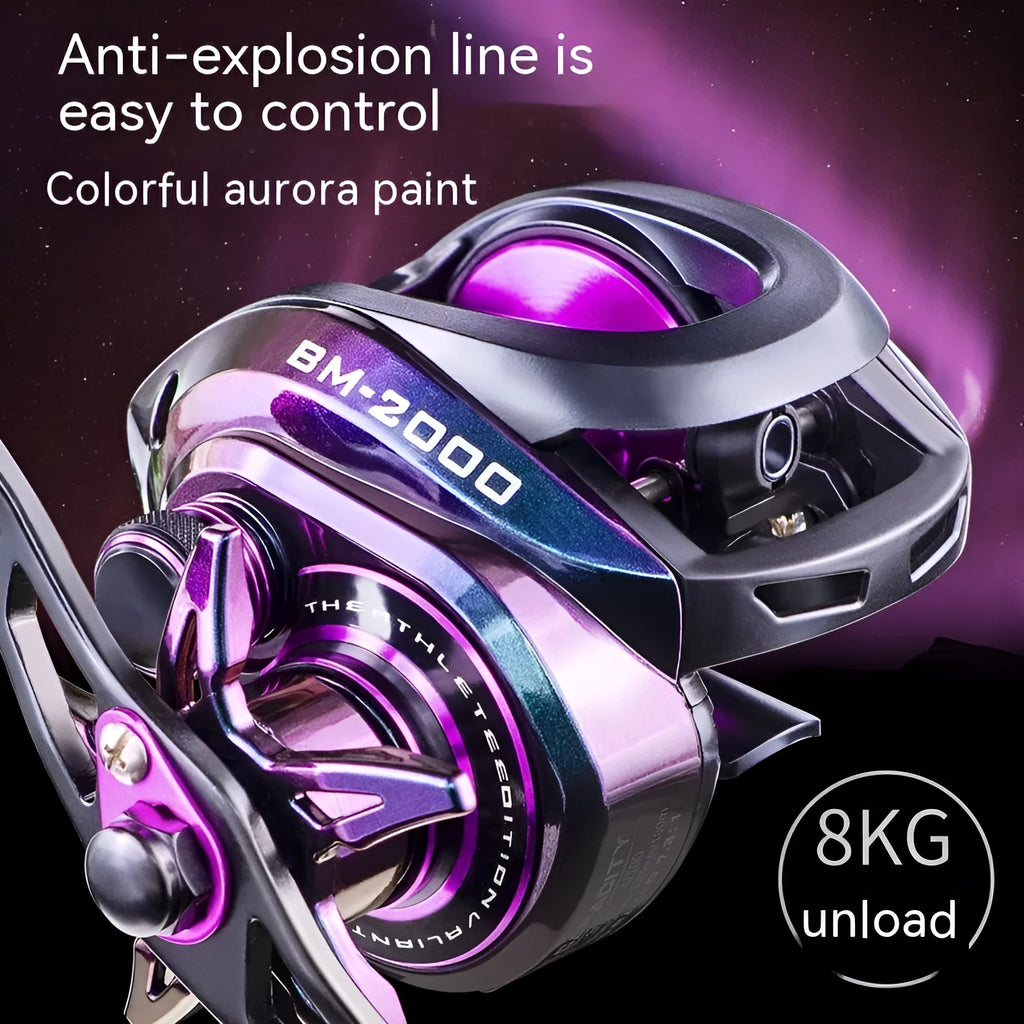 BM2000 fishing reel with colourful finish and magnetic brake system, shown in left-hand and right-hand model options.