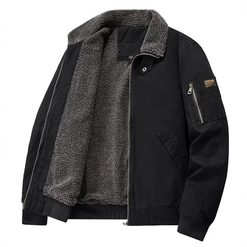 Men's winter fleece cotton coat in black with fleece lining and long sleeves