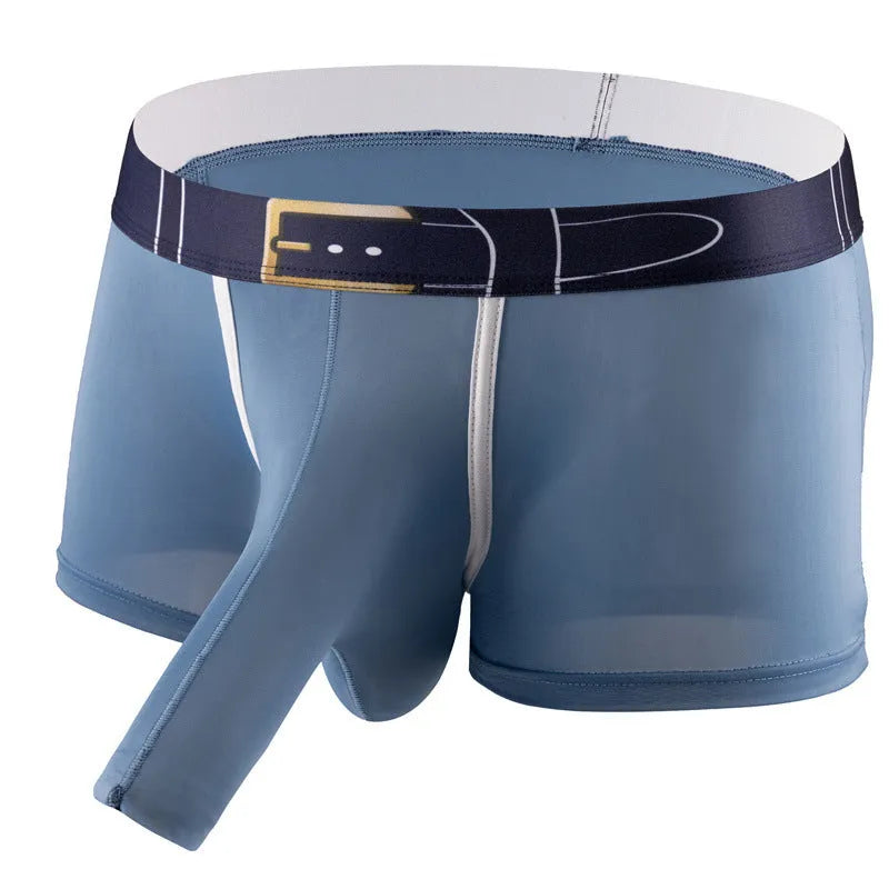 A pair of solid grey men's ice silk boxers laid flat, showing the mid-waist design.