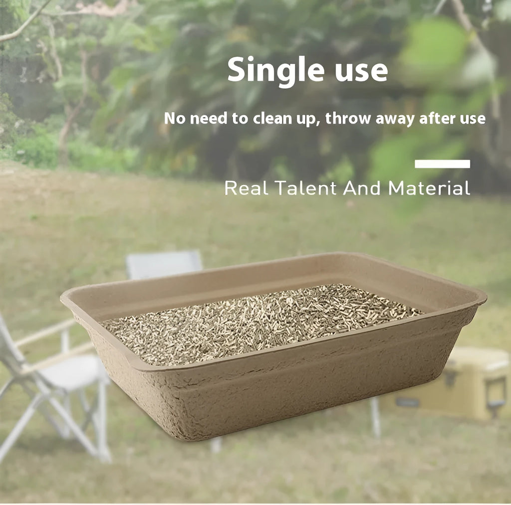 Brown disposable waterproof cat litter box showing three size options for biodegradable pet waste management