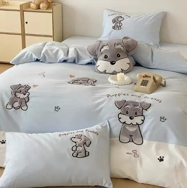 Schnauzer cartoon embroidered bedding set with quilt cover, sheet and pillowcases on bed