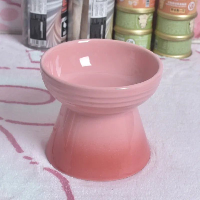 White ceramic pet bowl with a high foot neck and slanted rim for cat or dog feeding