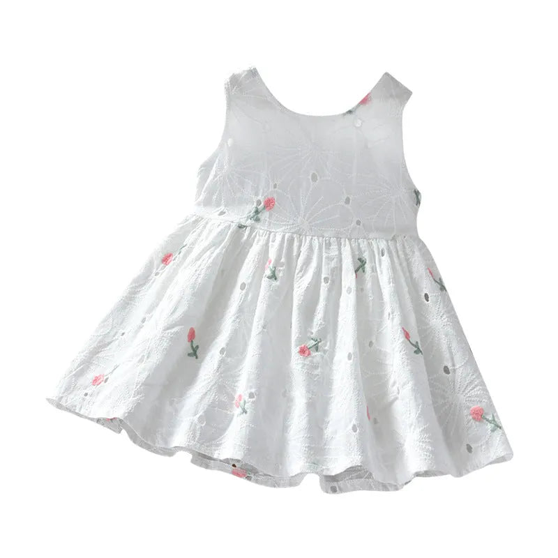 Girls summer floral sleeveless vest dress with full skirt and cotton lining in white small flowers