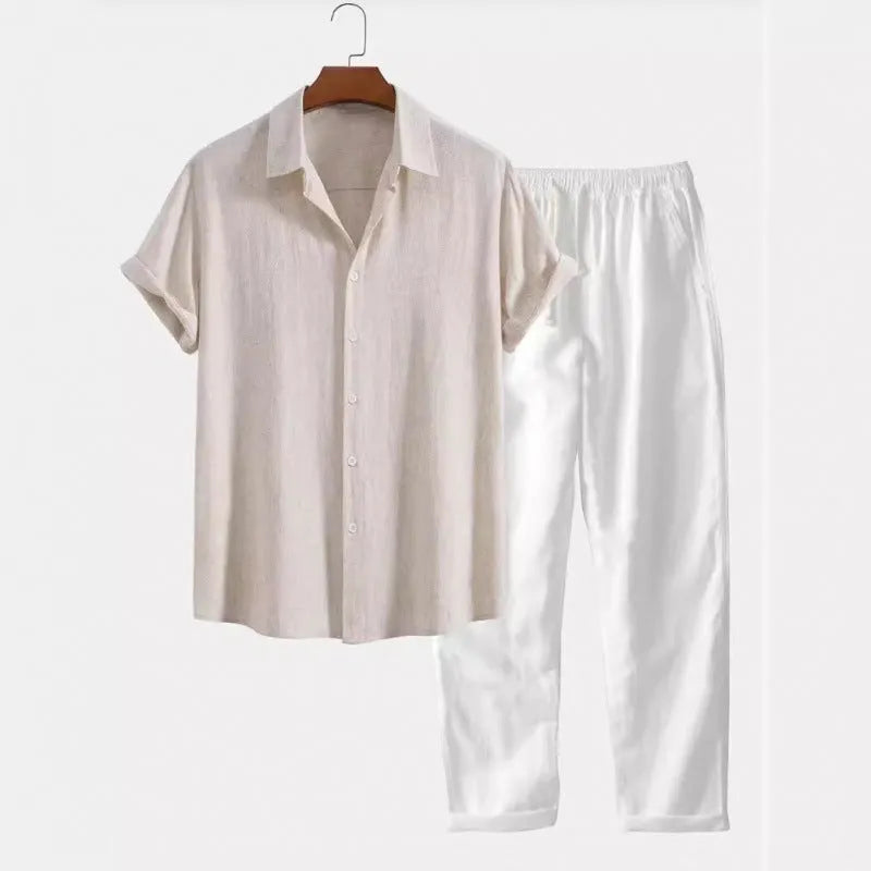 Men's casual short sleeve shirt and trousers set in polyester linen fabric with loose fit