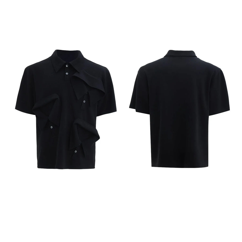 Men's loose fit deconstructed collar short sleeve shirt with giant land turtle graphic geometric pattern.