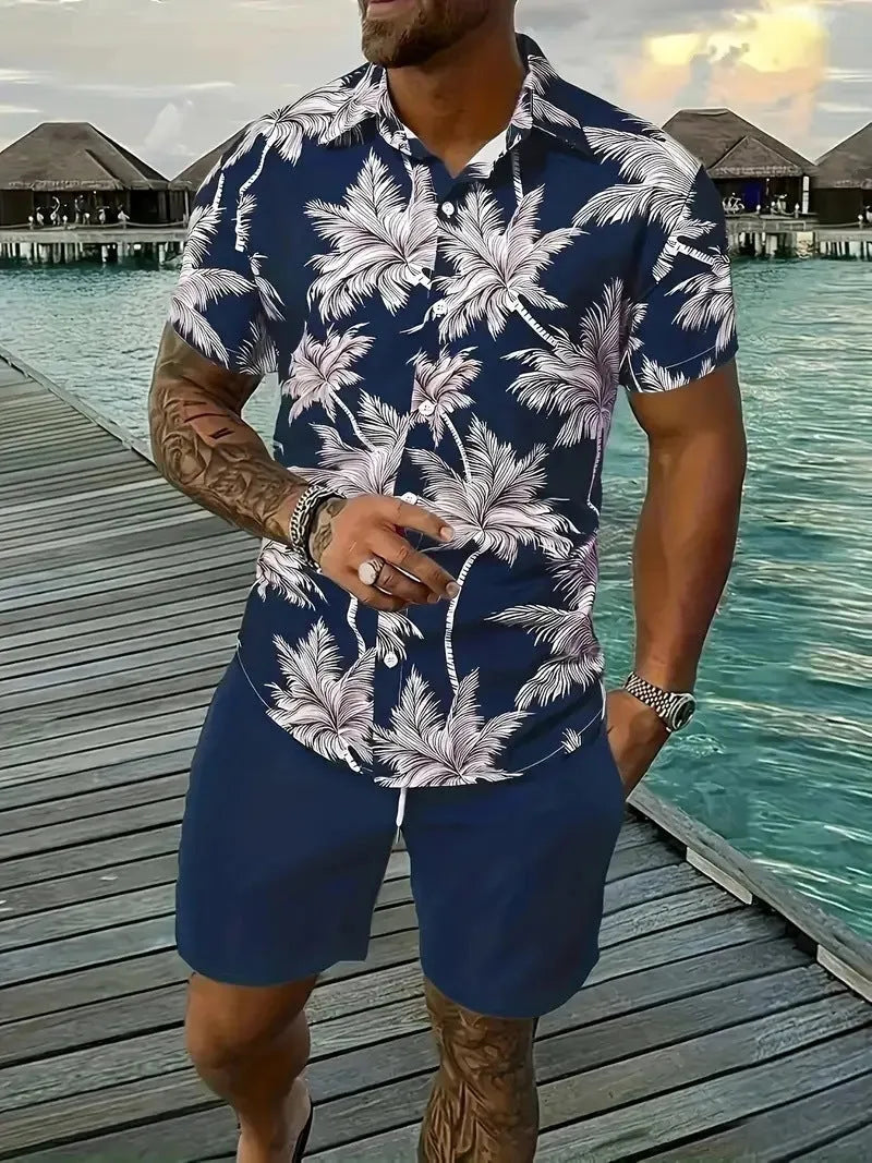 Men's 3D printed Hawaiian pattern short sleeve shirt and matching shorts co-ord set.