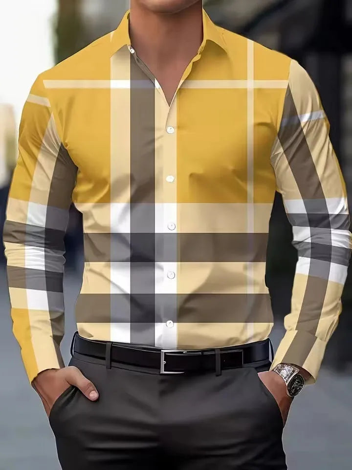 Men's striped long sleeve button down shirt with lapel collar in polyester fabric