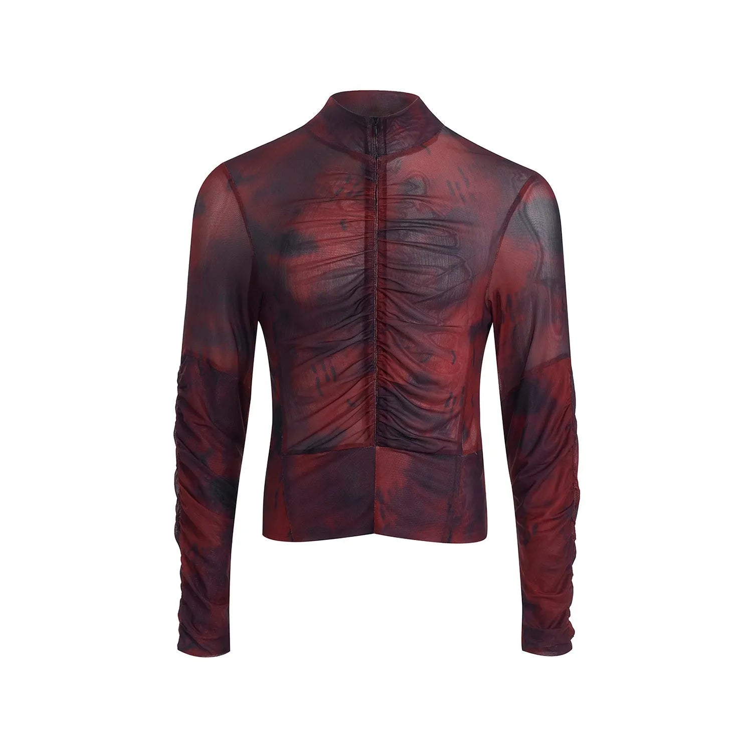Men's black grey half turtleneck long-sleeved t-shirt with mesh zipper detail on the bottom hem.