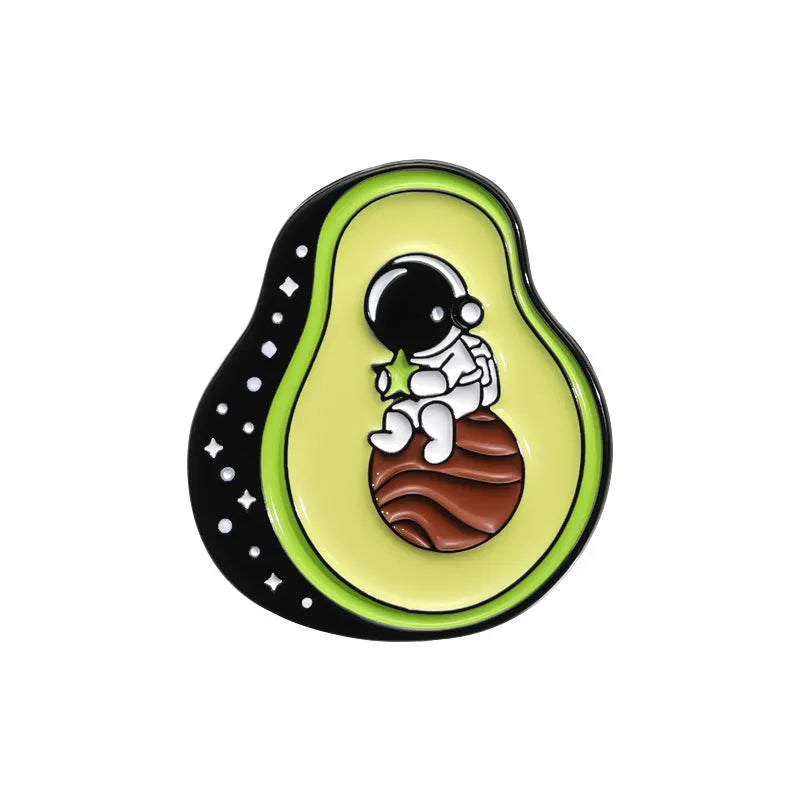 Colourful cartoon fruit design metal brooch with a silver pin fastener on the back.