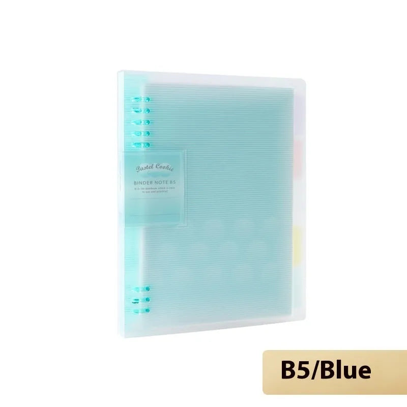 Refillable loose-leaf spiral notebook in B5 size with a pastel blue PP cover and lined pages.