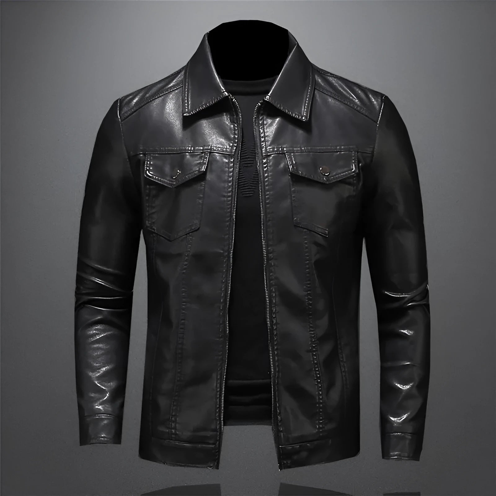 Men's thin artificial leather jacket in Black Plus Velvet with loose fit and straight hem, standing front view