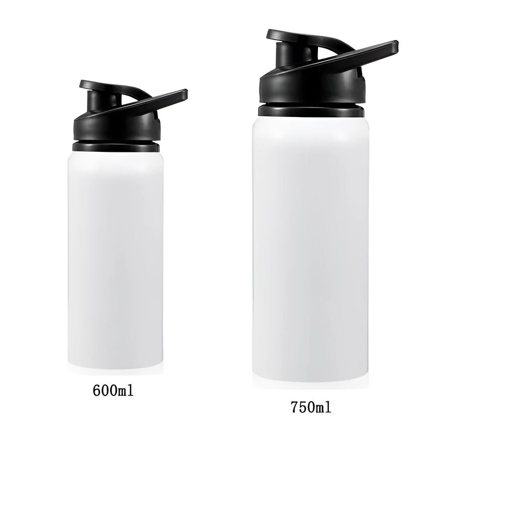 White aluminium sports water bottle for cycling with screw cap in 600ml and 750ml sizes