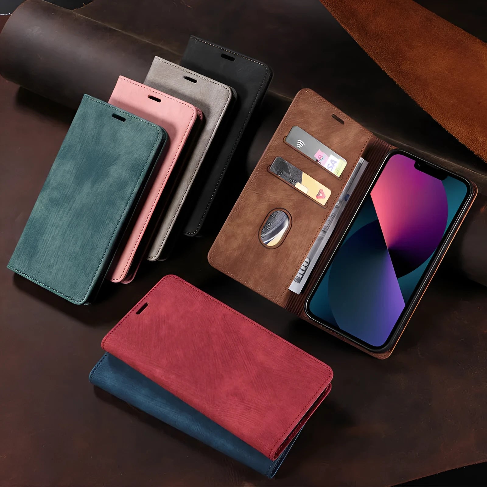 Magnetic flip phone case in grey showing interior card slots, compatible with various iPhone models.