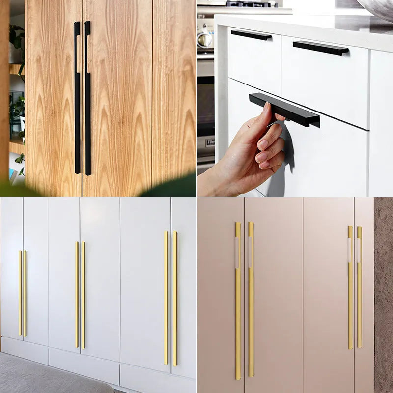 Modern gold T-shape aluminium alloy cabinet handle with three hole distance options.