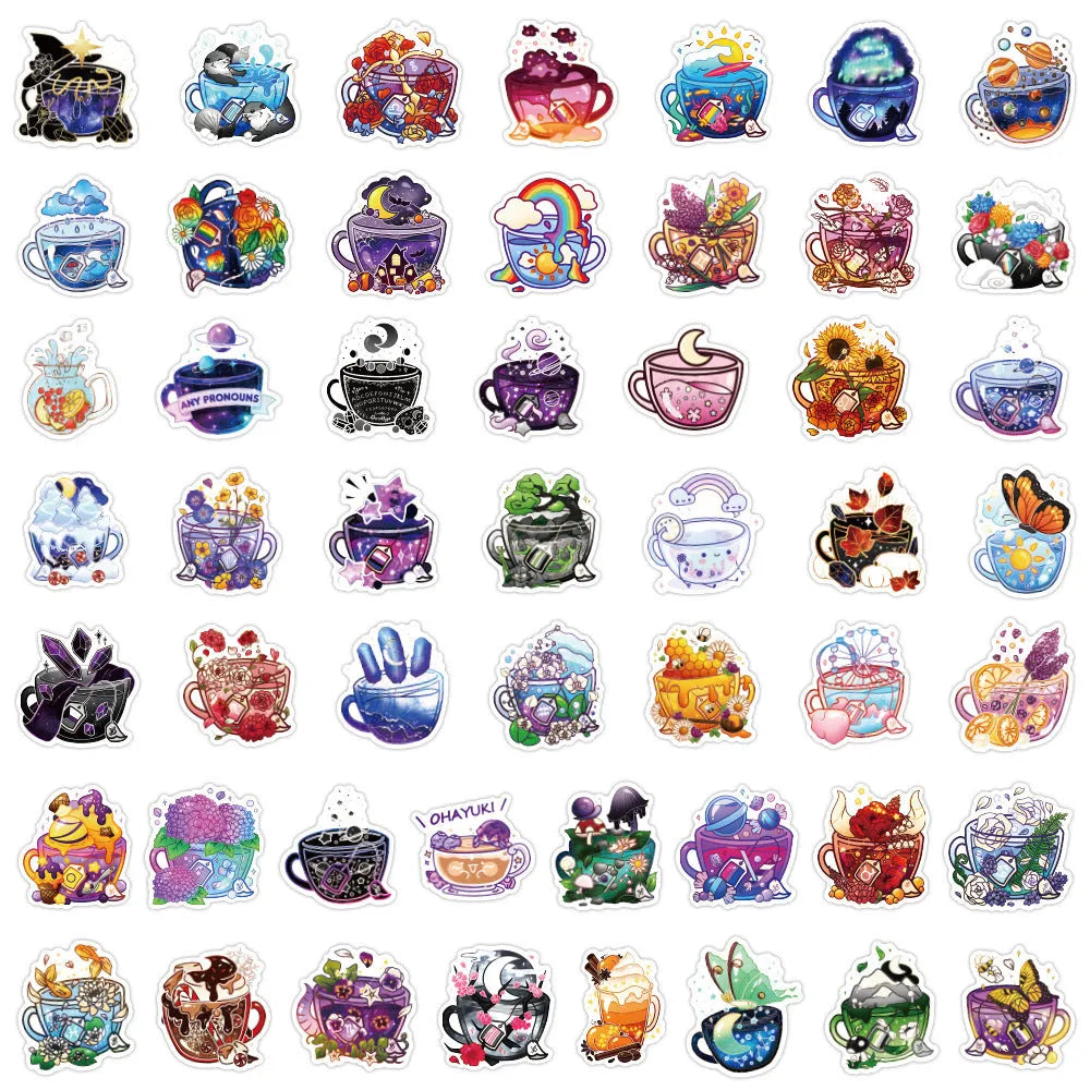 Set of 50 colourful tea cup graffiti waterproof stickers in Nordic style, laid out for display.