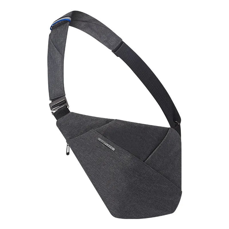 Dark gray right-shoulder crossbody chest bag with anti-theft function, polyester lining, file bag and sandwich zipper bag.