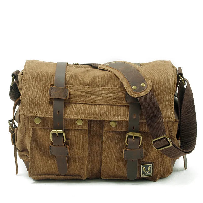 Men's retro canvas crossbody shoulder bag with flap closure and cowhide detailing in multiple colour options