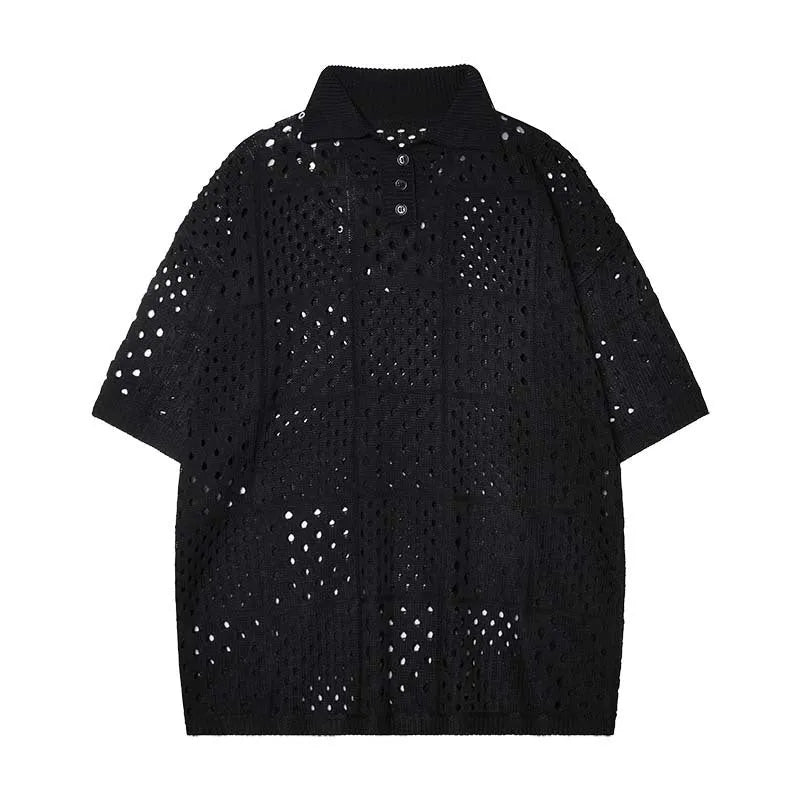 Black and white loose-fit short-sleeved knitting polo shirt with a hollow design for teenagers