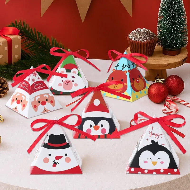 Christmas triangle candy box in paper with festive Santa and snowman print and ribbon ties