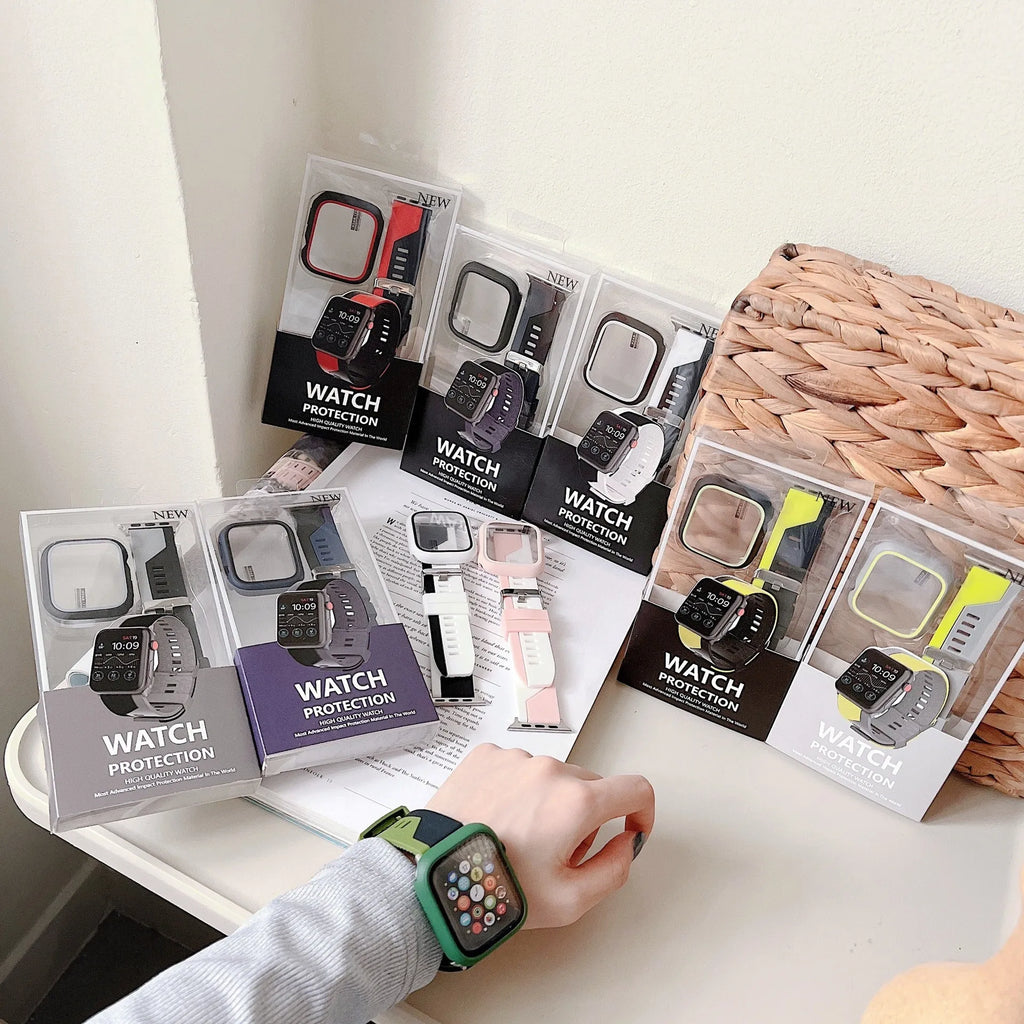 Two-tone silicone bumper protective case for Apple Watch, available in black and white, fits 45mm model