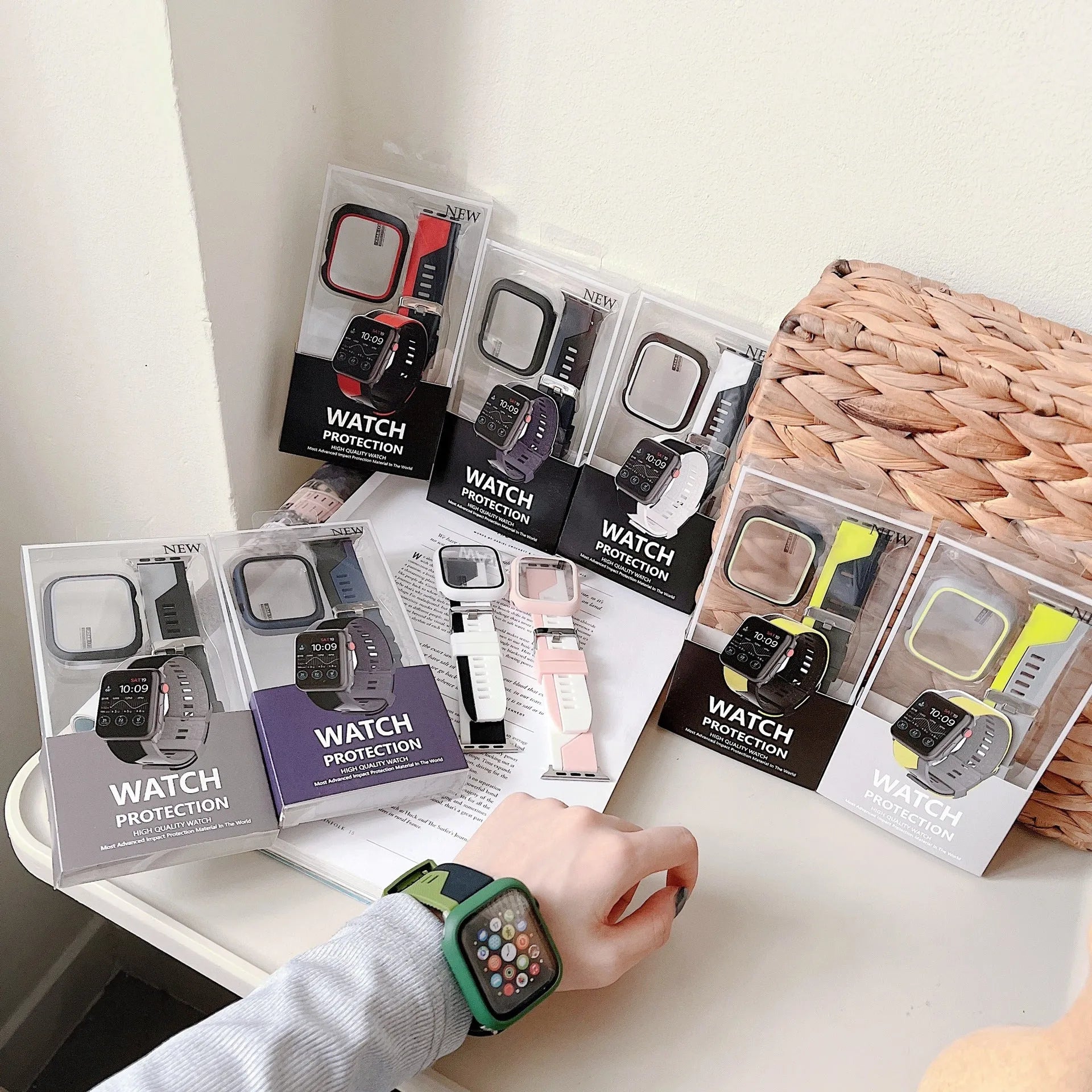 Two-tone silicone bumper protective case for Apple Watch, available in black and white, fits 45mm model