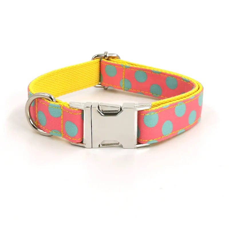 Yellow polka dot dog collar and lead set with bow decoration