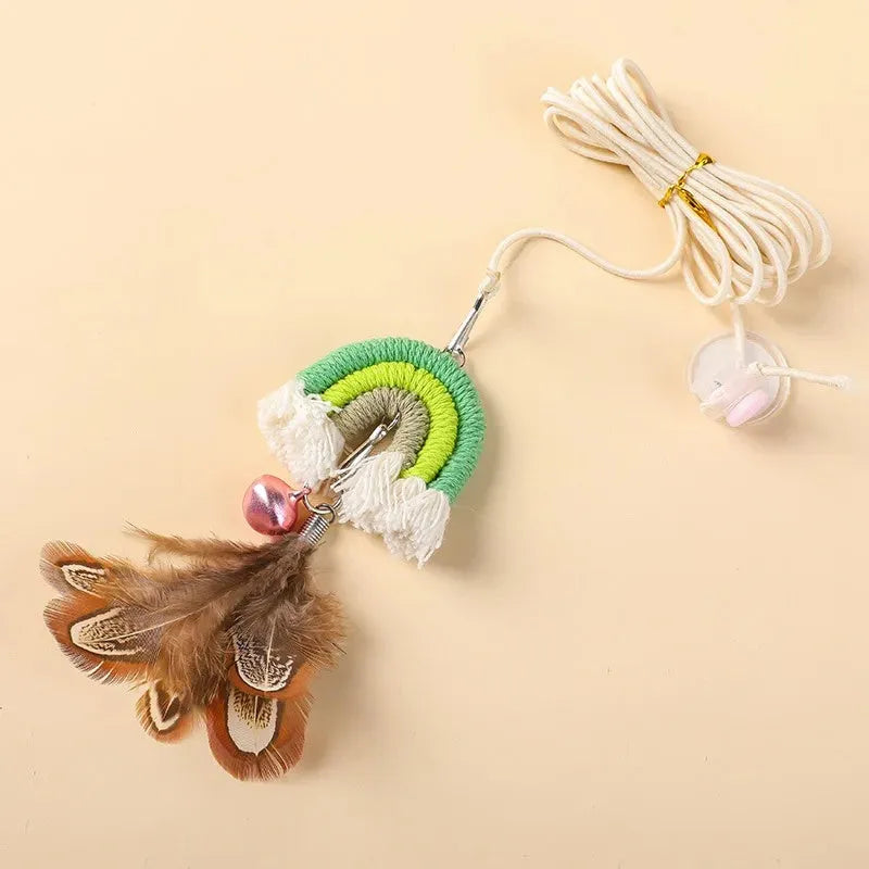 Feather cat rope door hanging toy with elastic swing and sticky buckle clamp in blue, green, or pink
