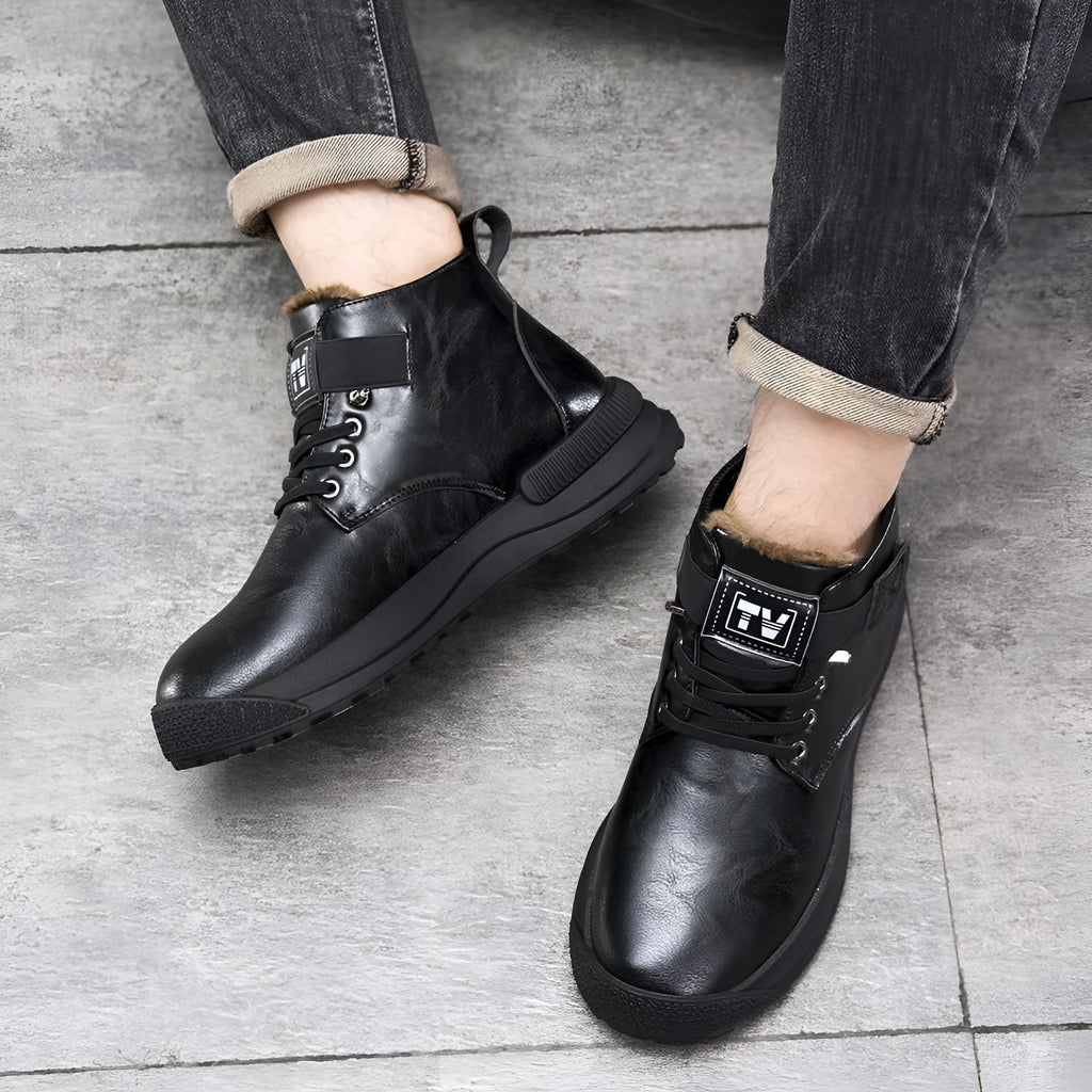 Black high-top platform Martin boots with a velvet-textured upper and thick rubber sole.