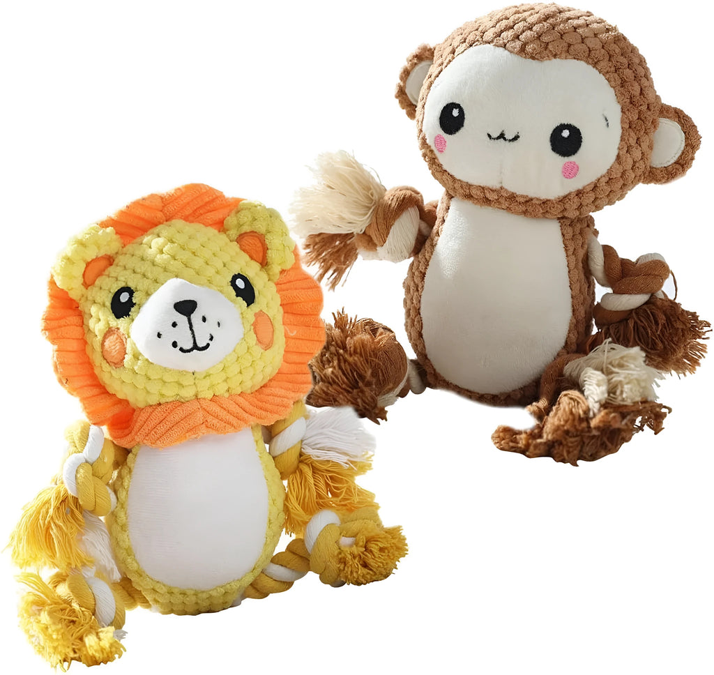 Two stuffed squeaky dog toys: a yellow lion and a brown monkey plush toy on a white background.
