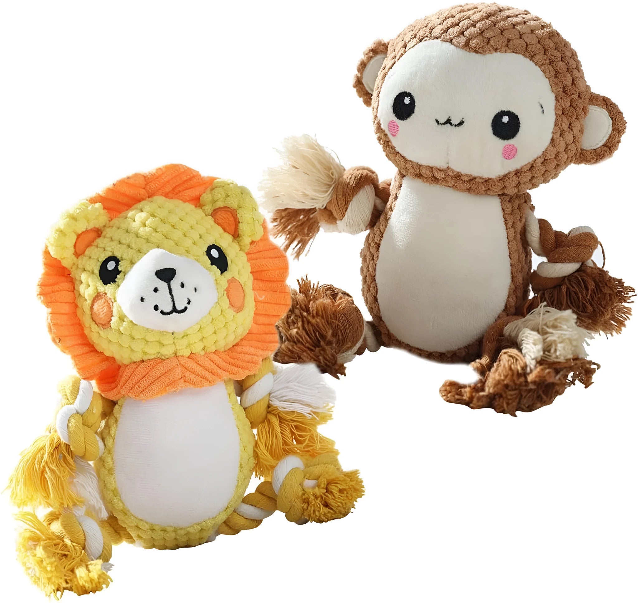 Two stuffed squeaky dog toys: a yellow lion and a brown monkey plush toy on a white background.