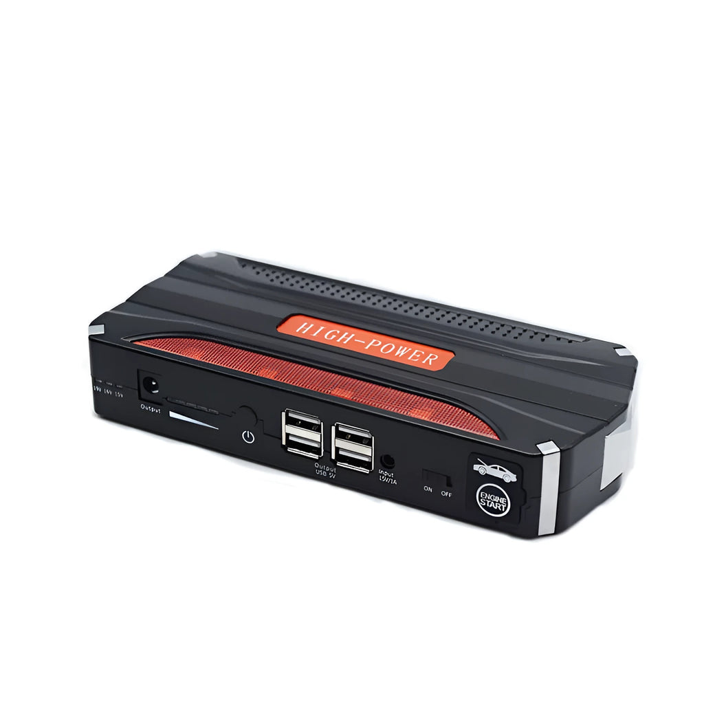 Black and red portable vehicle jump starter power supply unit with 7800mAh capacity.