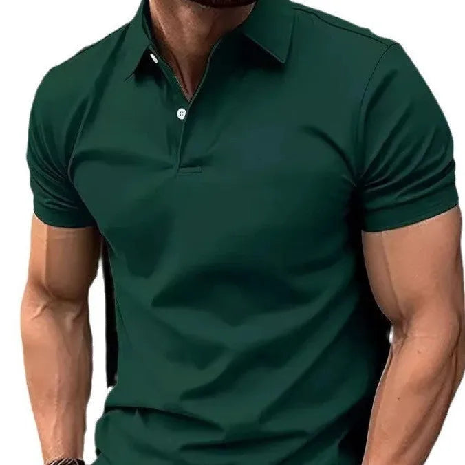 Men's slim fit solid colour short sleeve button-up shirt on a hanger.